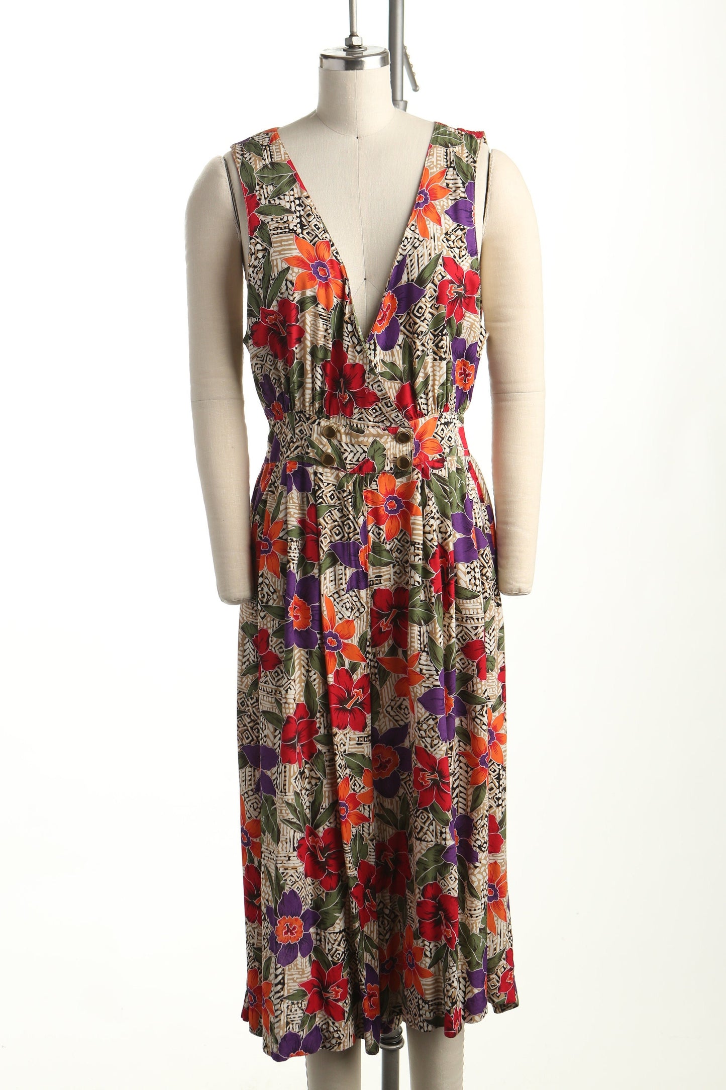 Vintage jumpsuit romper dress 90's floral print flower women v neck summer casual