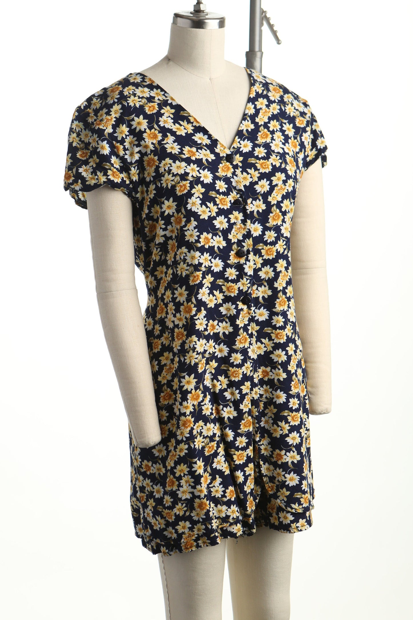 Vintage romper dress floral print 90's summer blue yellow flower belt v neck short sleeve