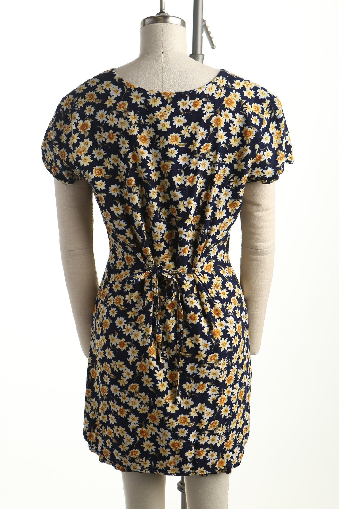 Vintage romper dress floral print 90's summer blue yellow flower belt v neck short sleeve