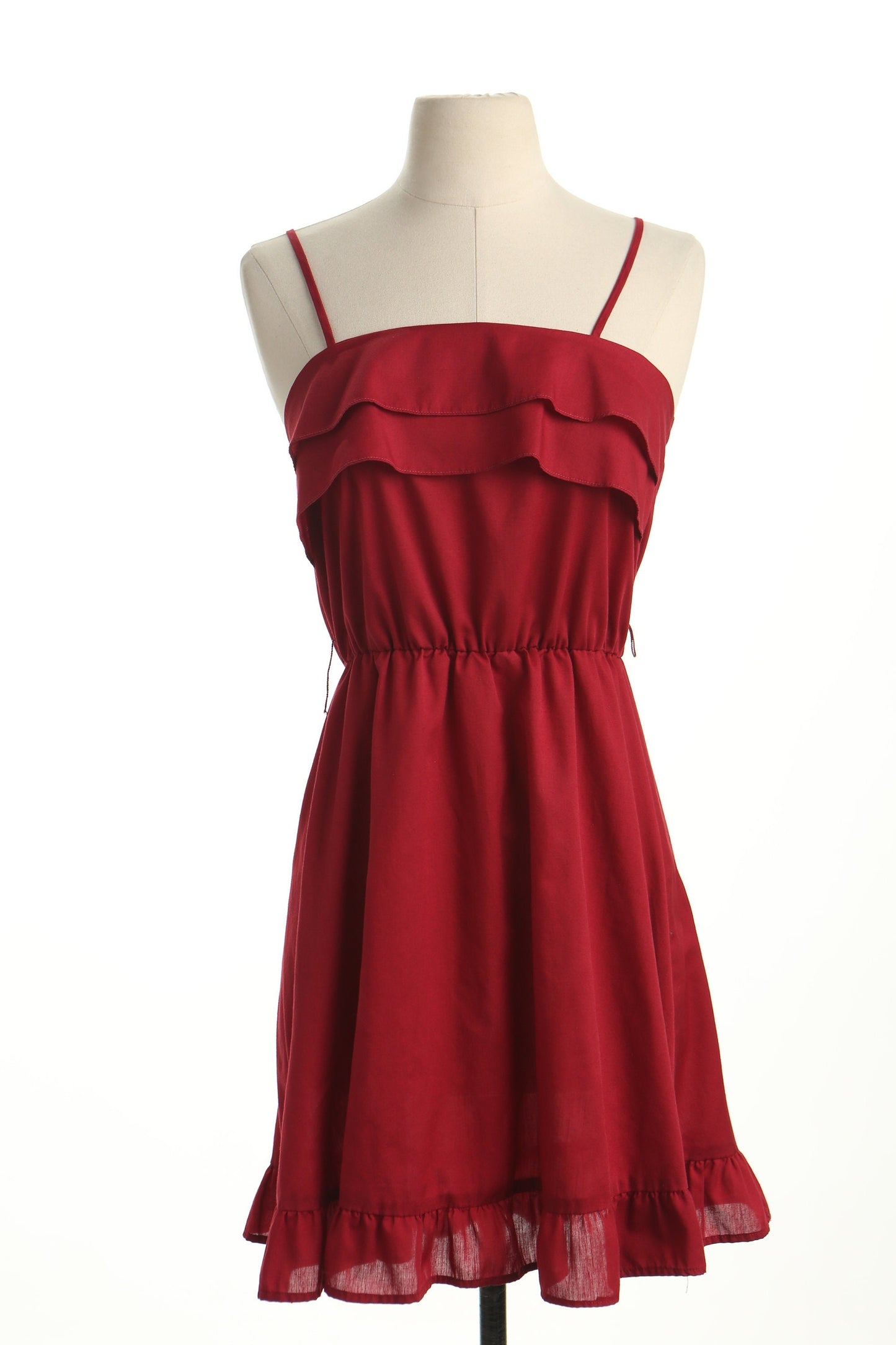 Vintage summer 70's strap red cotton ruffle dress women casual