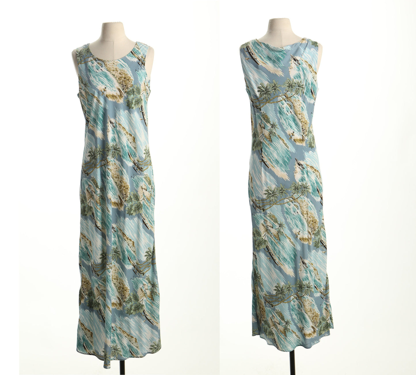Vintage long hawaiian hawaii dress beach made in hawaii women green blue sleeveless