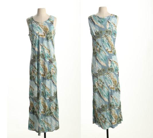 Vintage long hawaiian hawaii dress beach made in hawaii women green blue sleeveless