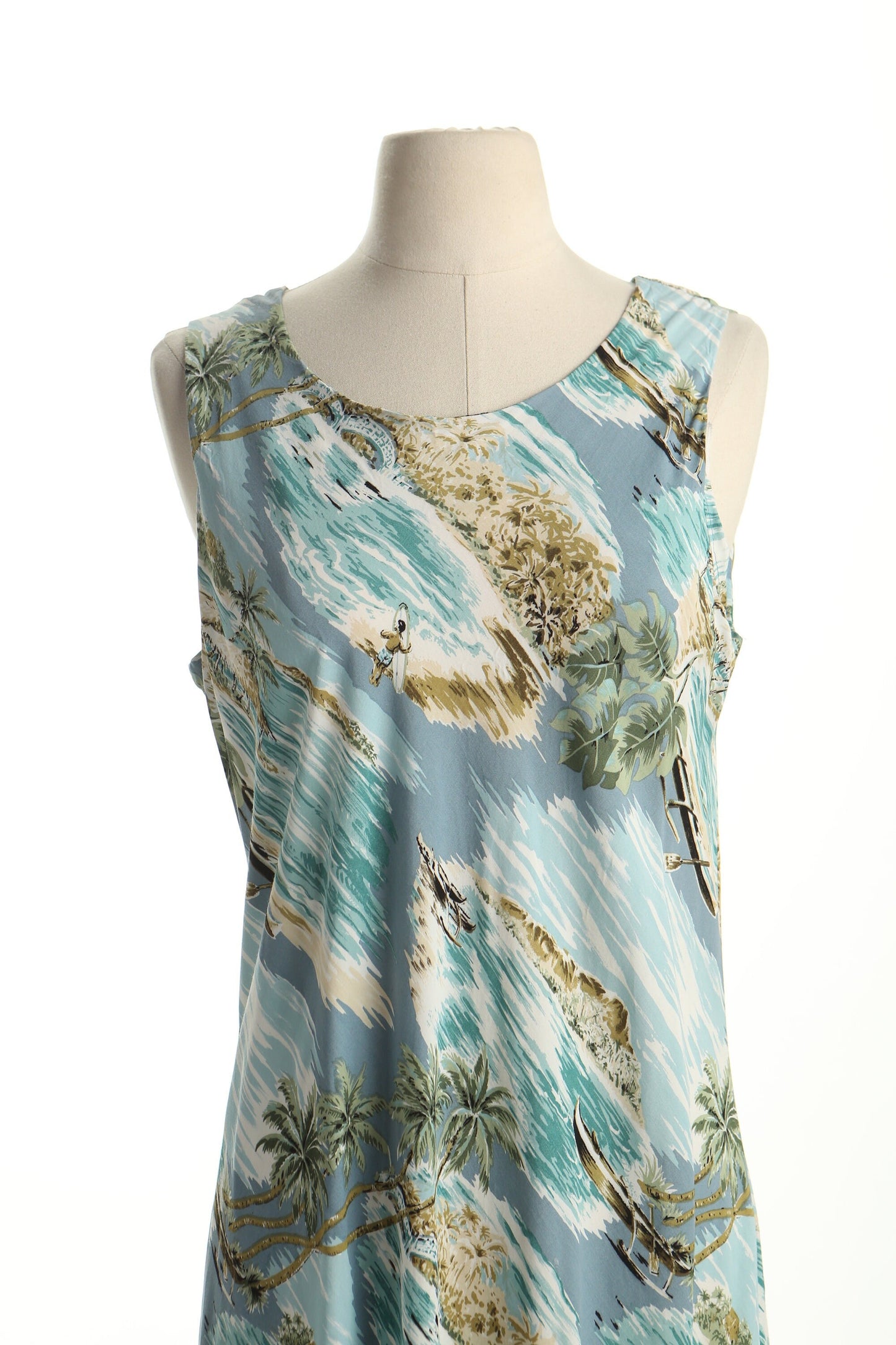 Vintage long hawaiian hawaii dress beach made in hawaii women green blue sleeveless