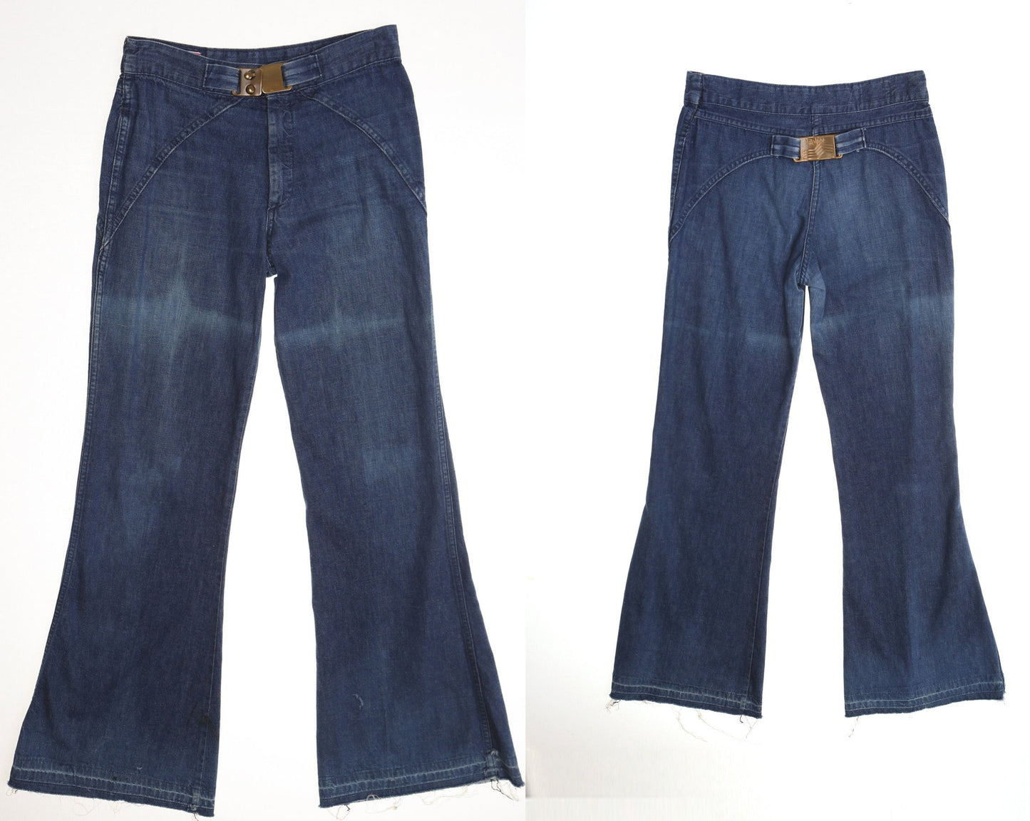 Vintage 70's bell bottom blue pants cotton tailpipes men women hippie high waist belt buckle