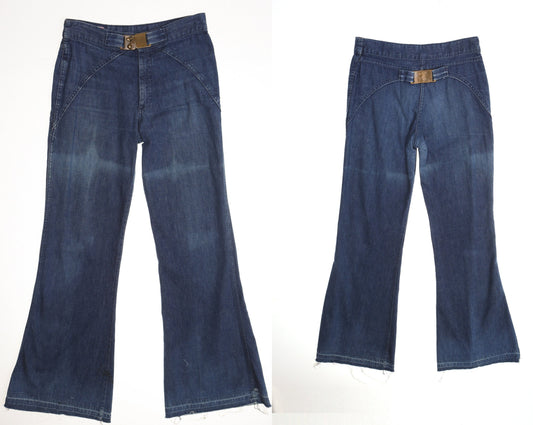 Vintage 70's bell bottom blue pants cotton tailpipes men women hippie high waist belt buckle