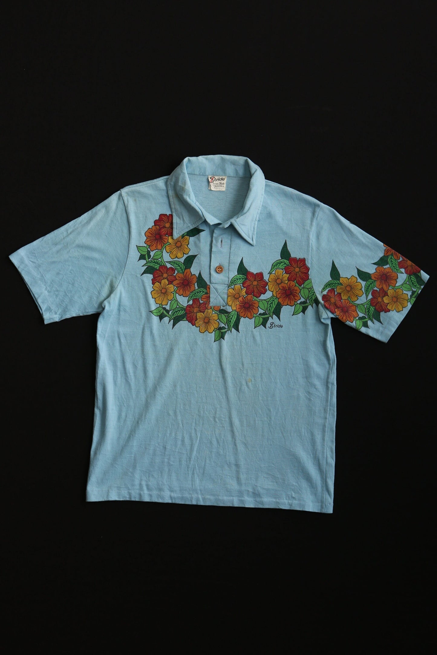 Vintage hawaiian shirt blue t-shirt floral surfing men 70's