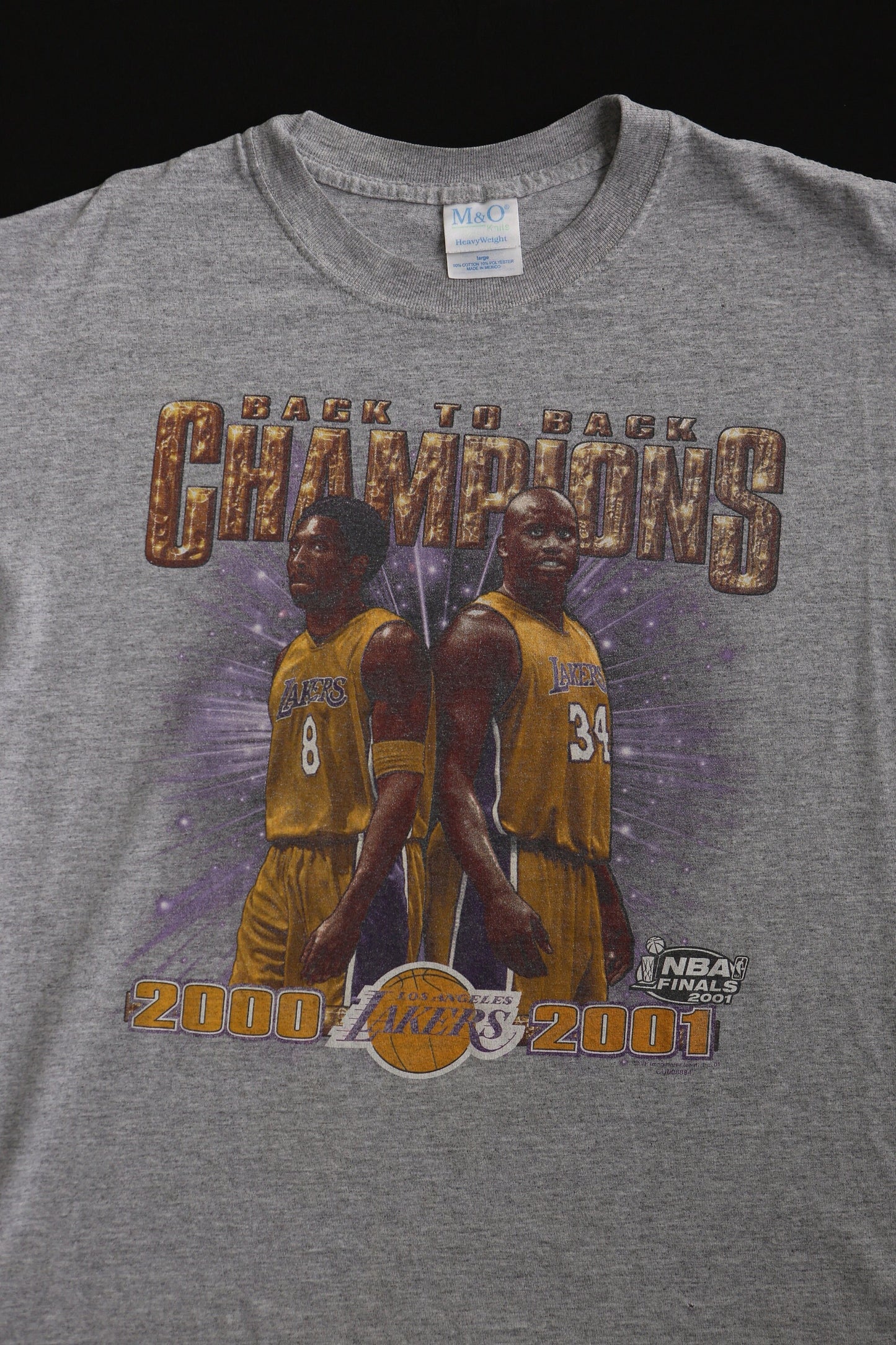 Lakers y2k 2000 2001 nba finals los angeles back to back champions kobe braynt shaquille o'neal large vintage gray