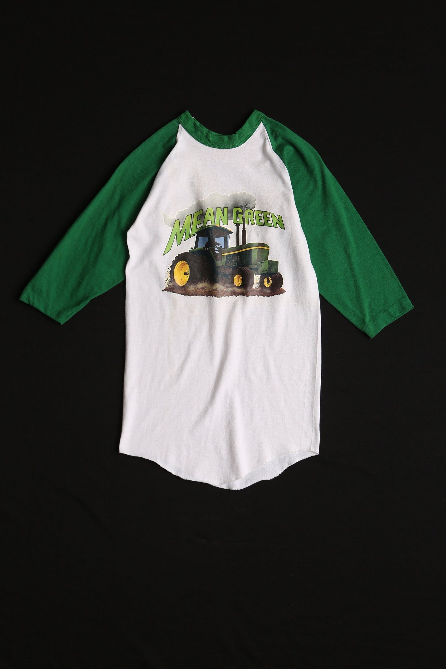 Vintage baseball t-shirt white green tractor farm mean green 70's