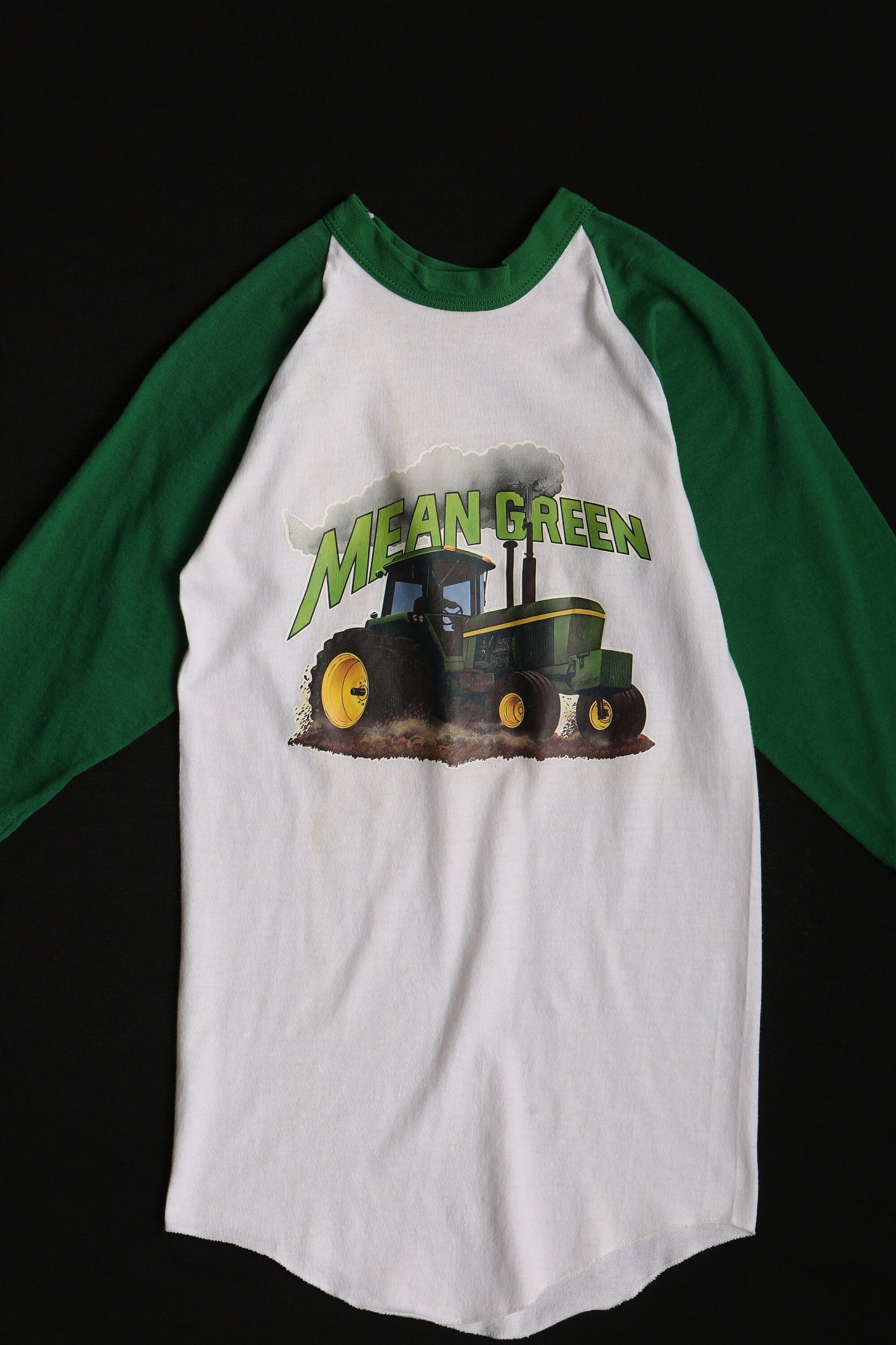 Vintage baseball t-shirt white green tractor farm mean green 70's
