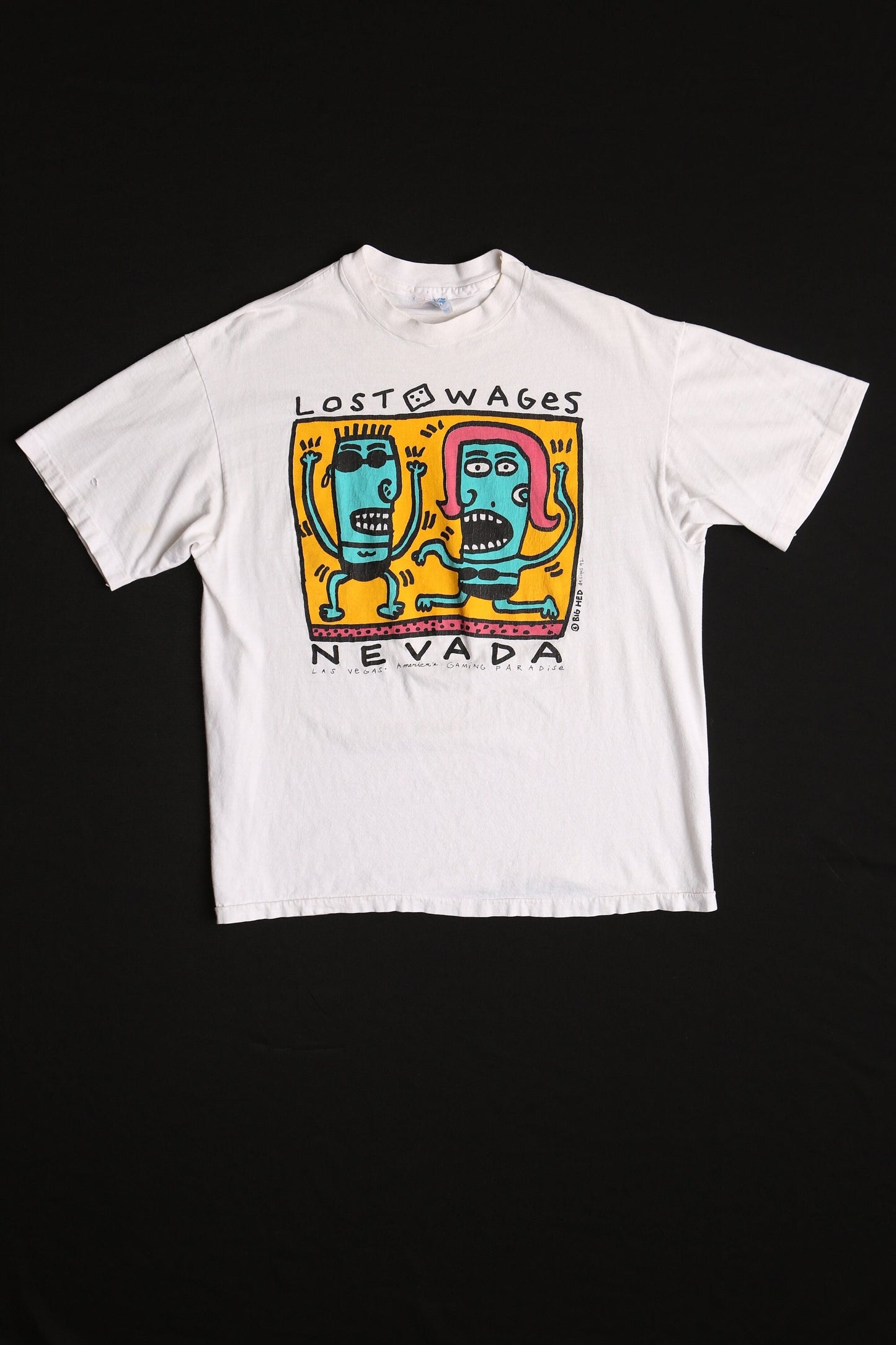 Vintage big hed graphic t-shirt las vegas nevada cartoon white lost wages 92 designs