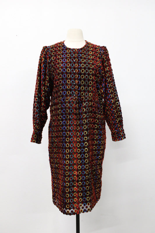 Women 60's casual dress metallic velvet colorful vintage golden