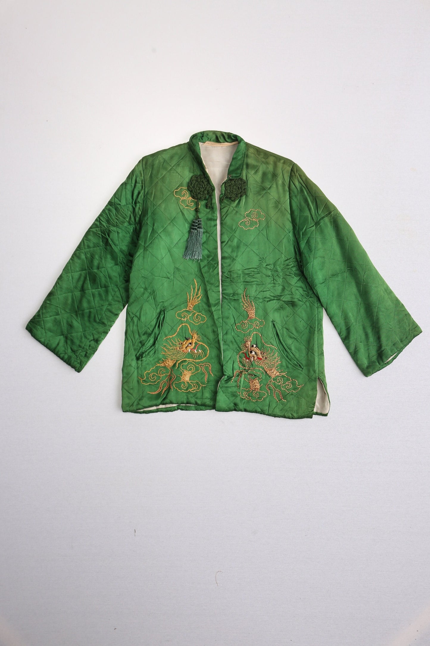 Vintage chinese embroidered jacket dragon gold green cheongsam collectible unique