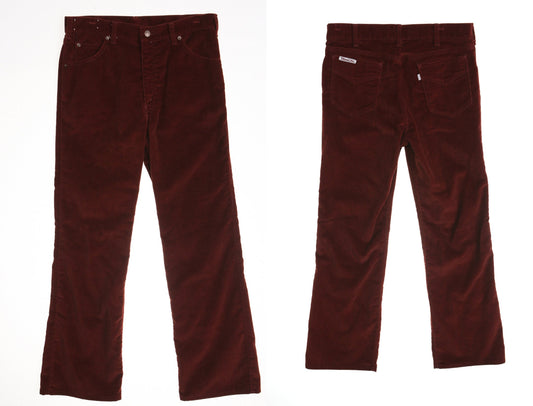Vintage men 70's red corduroy pants straight white tab hippie bell bottom western