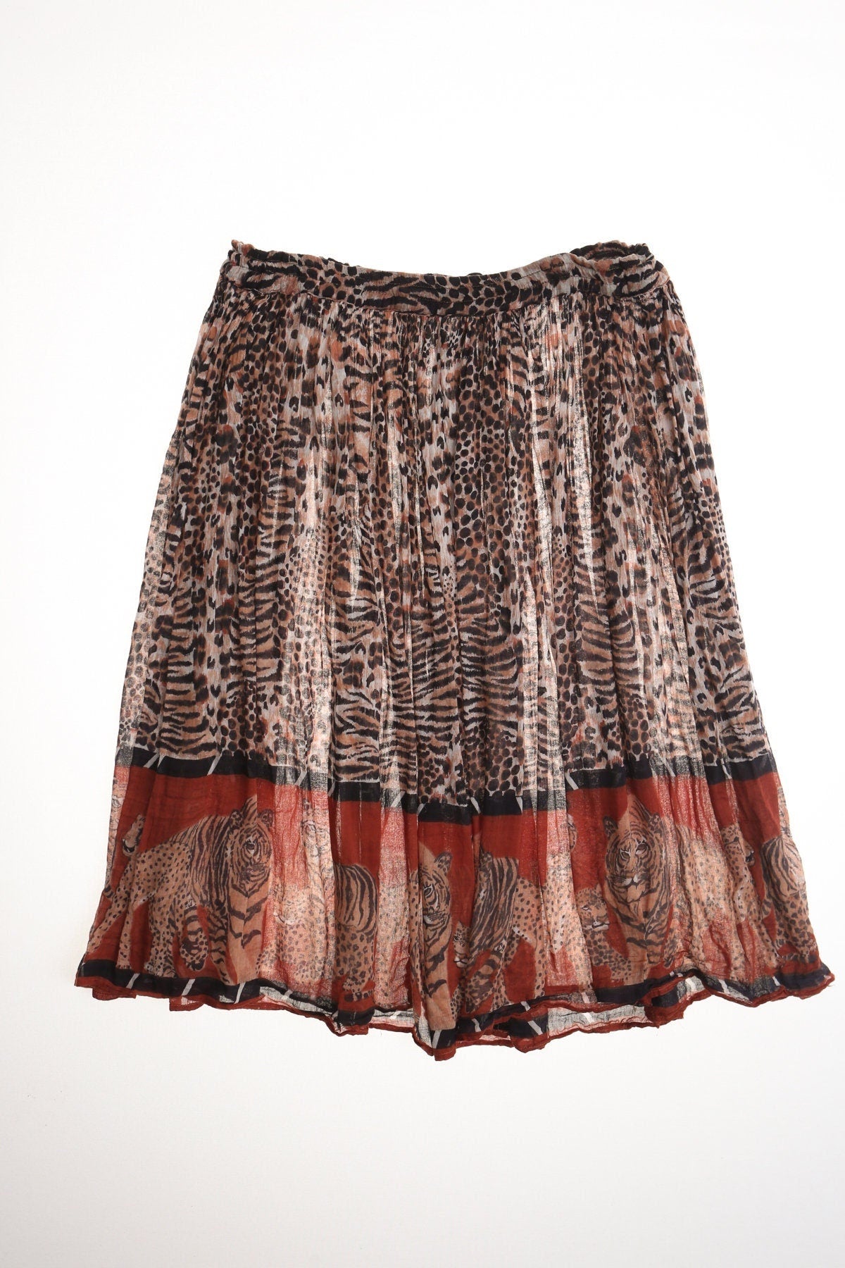 Vintage women tiger print boho skirt indian 70's hippie brown