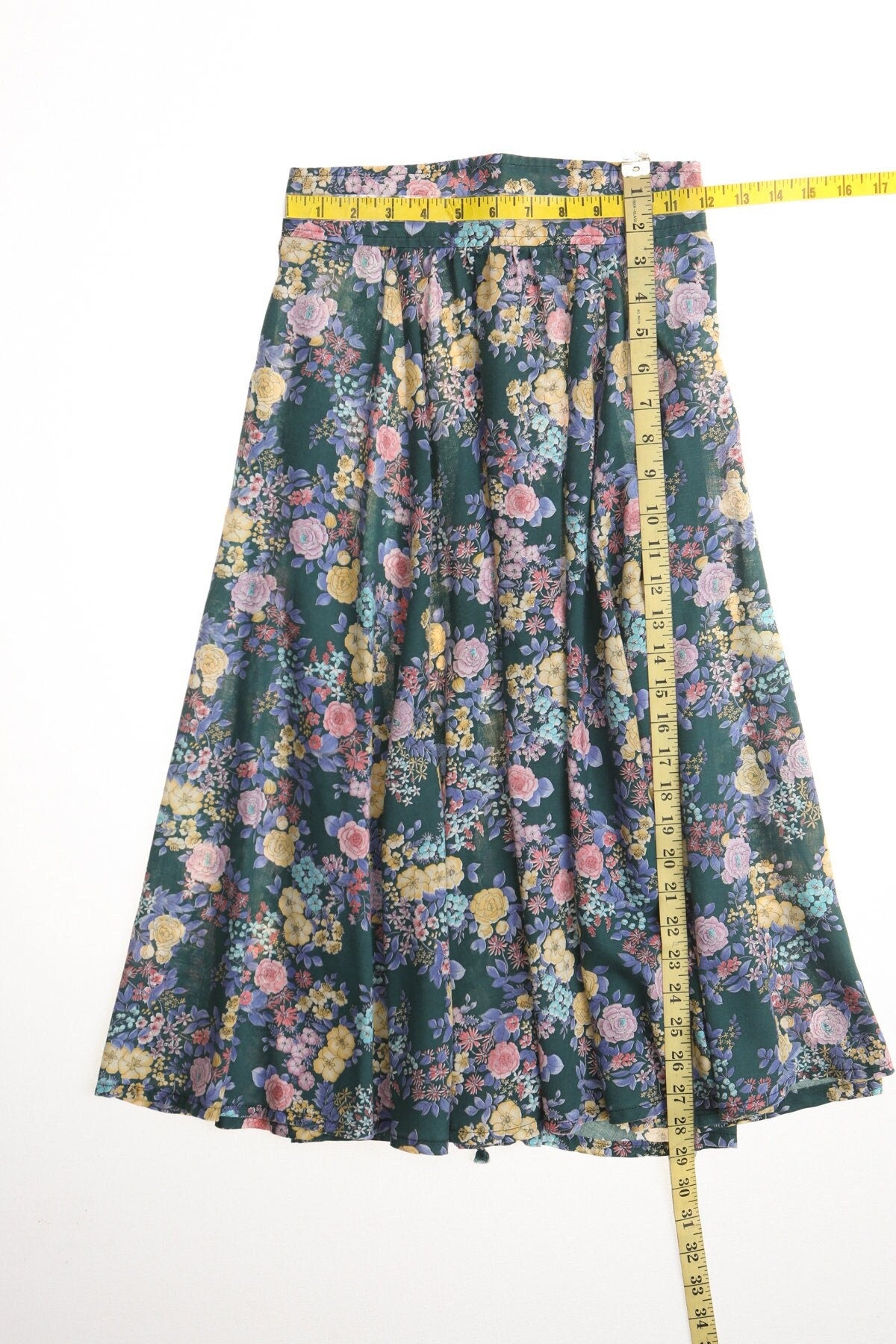 Vintage green floral print 80's summer cotton skirt women
