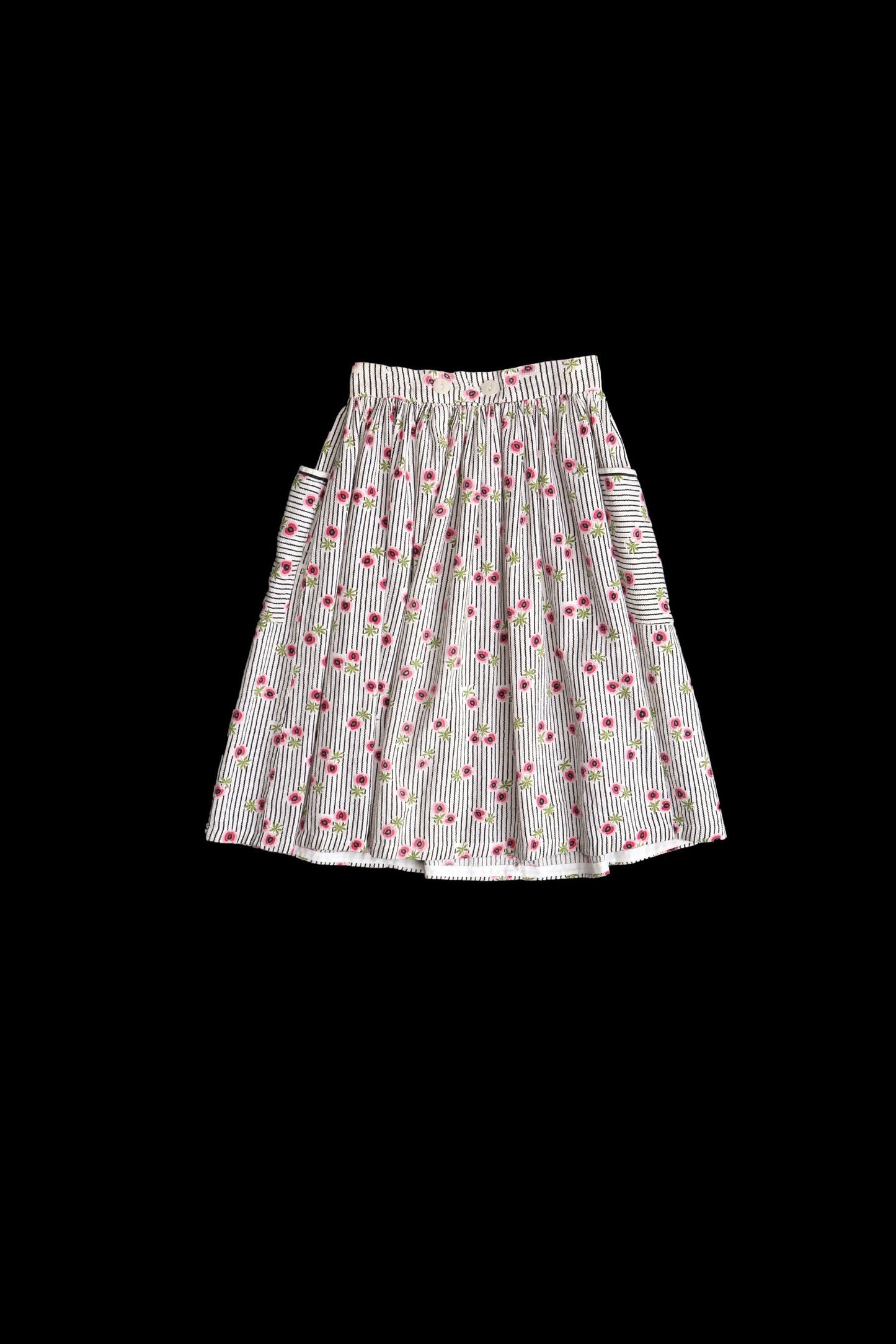 Vintage women white striped 50's skirt black fruit floral print summer