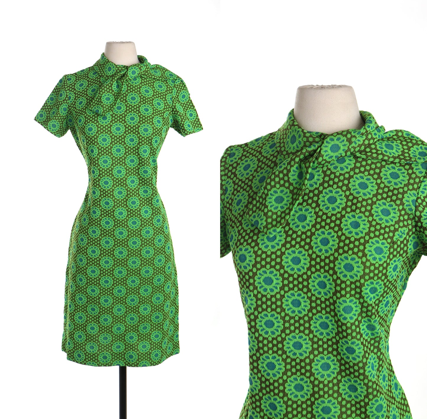Vintage dress 70's green flower floral hippie women casual 60's