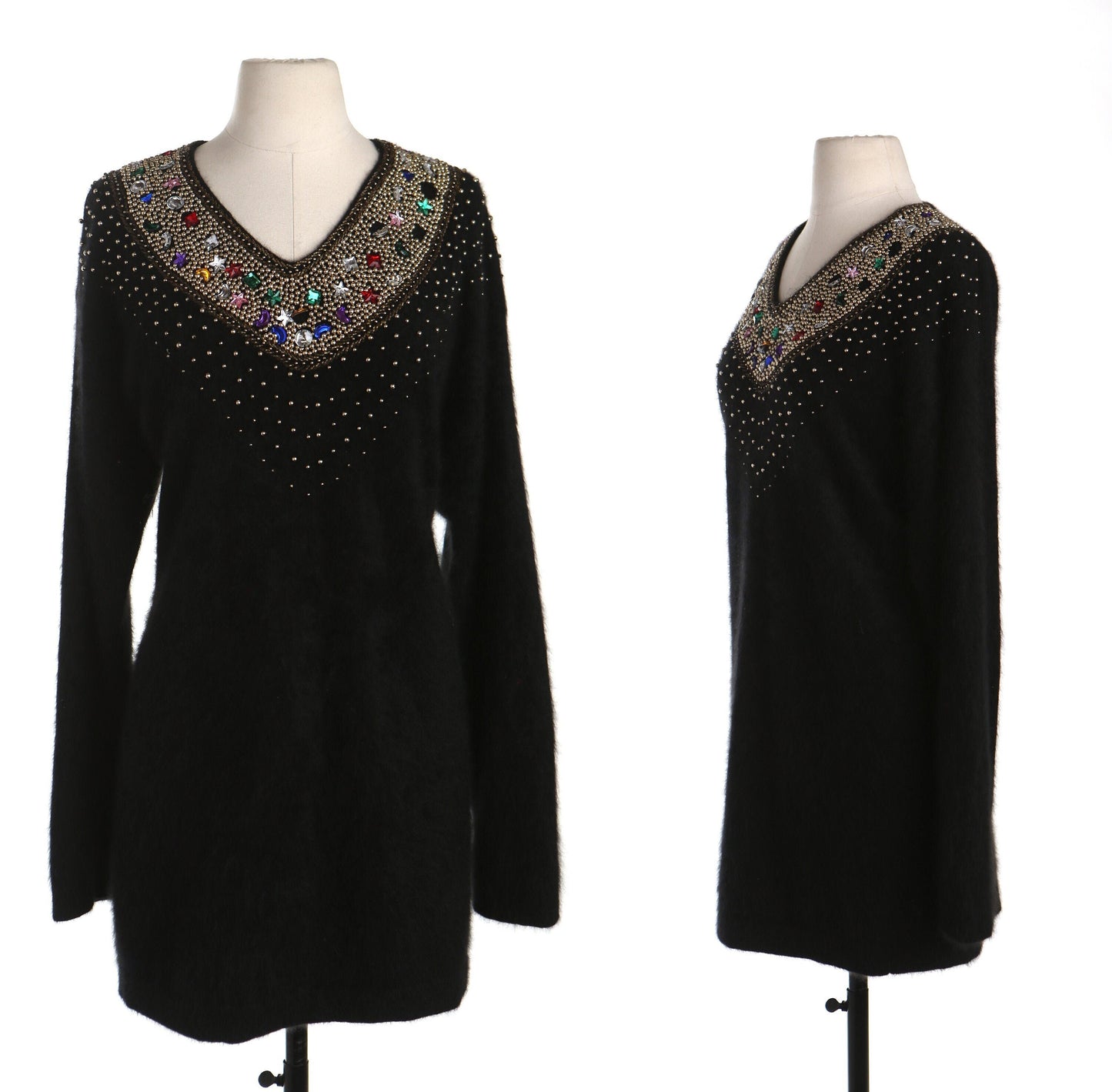 Vintage sweater dress rhyme stones studded golden black evening women v neck casual 90's 80's