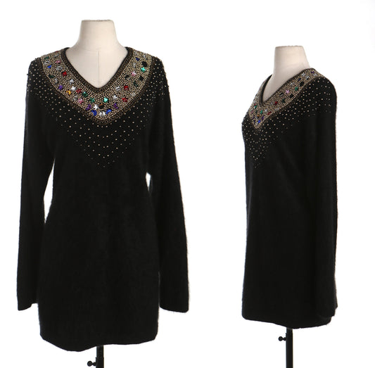 Vintage sweater dress rhyme stones studded golden black evening women v neck casual 90's 80's
