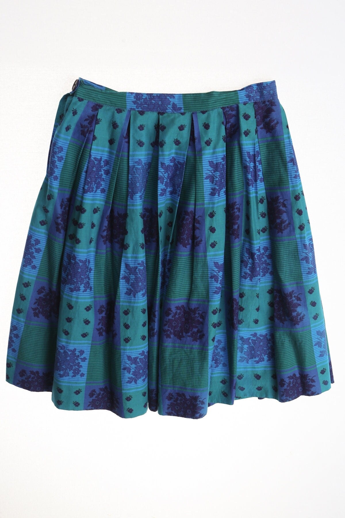 Vintage floral skirt blue embroidered plaid 50's cotton green short summer