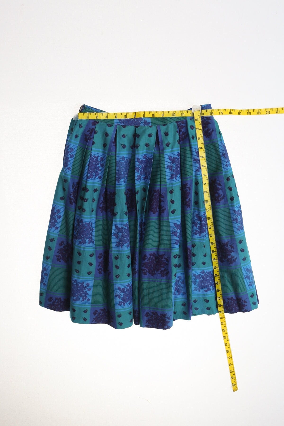 Vintage floral skirt blue embroidered plaid 50's cotton green short summer