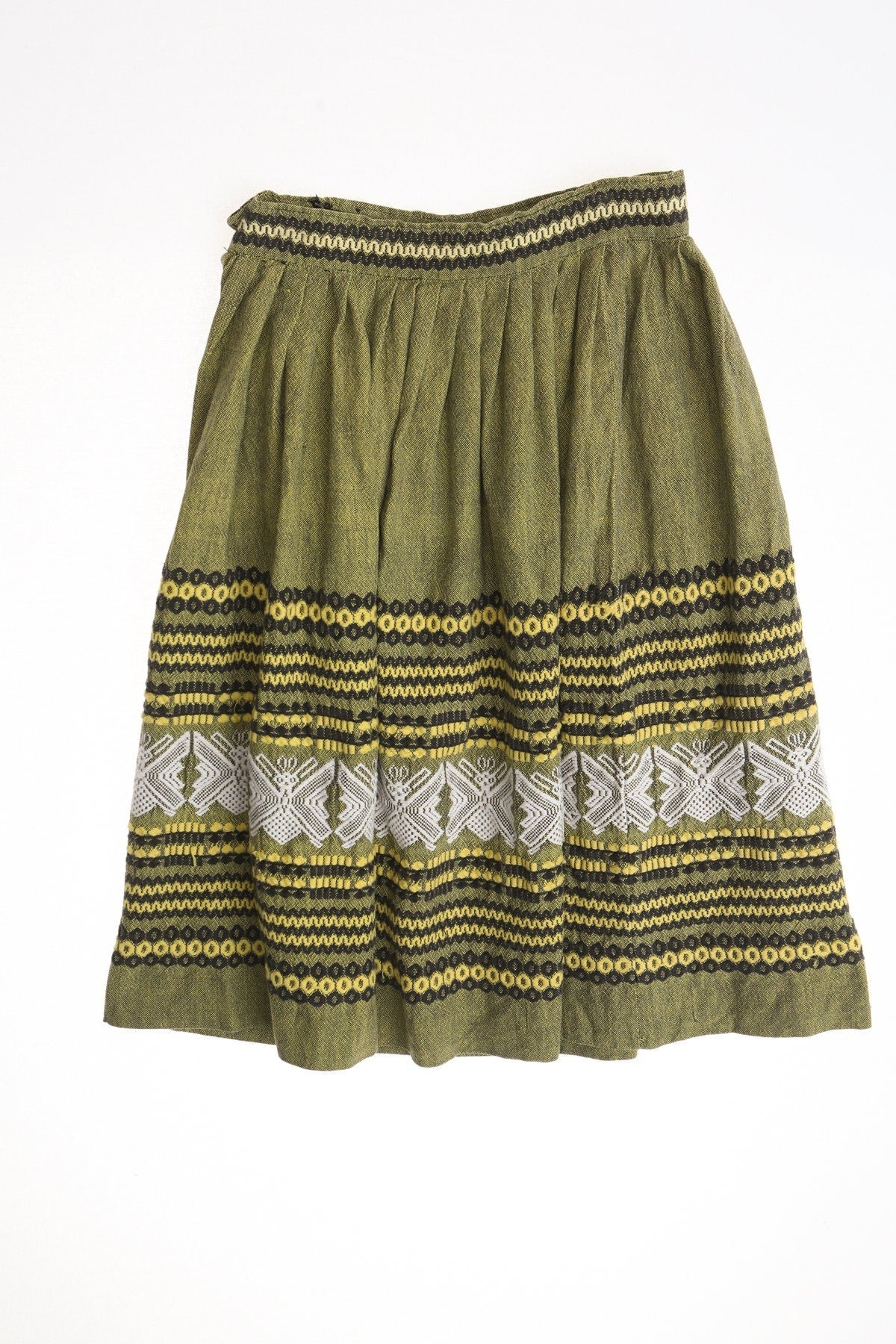 Vintage skirt ethnic green 50's embroidered summer metal zipper women 40's black