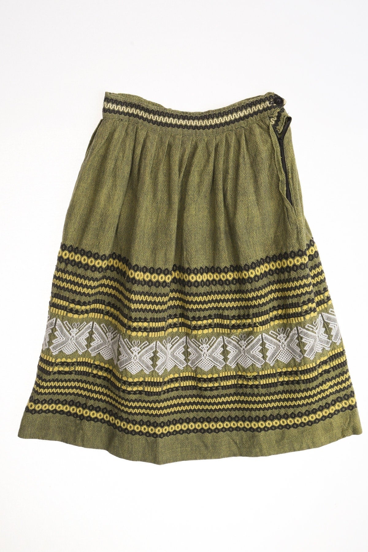 Vintage skirt ethnic green 50's embroidered summer metal zipper women 40's black