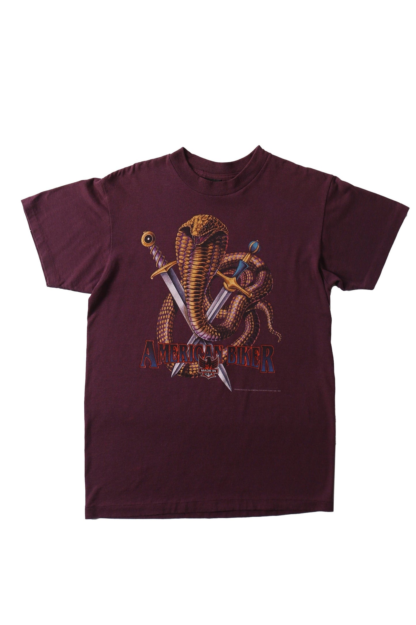 Vintage biker t-shirt burgandy made in usa american biker cobra snake swords t-シャツ ビンテージ シャツ