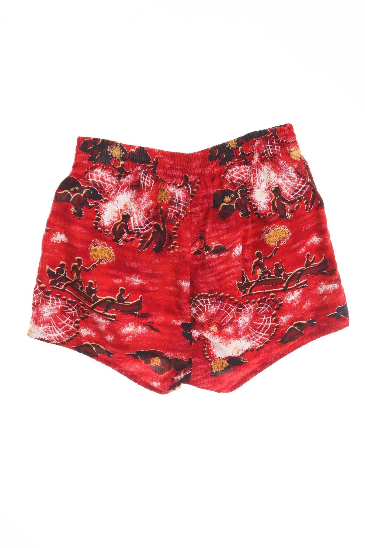Vintage men 50's red swim trunks short surf surfing hawaiian print fishing