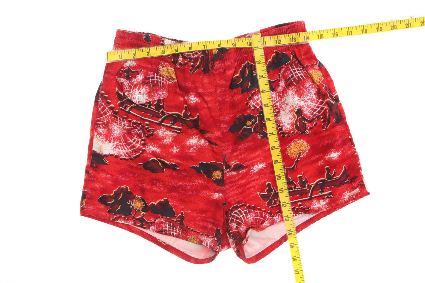 Vintage men 50's red swim trunks short surf surfing hawaiian print fishing