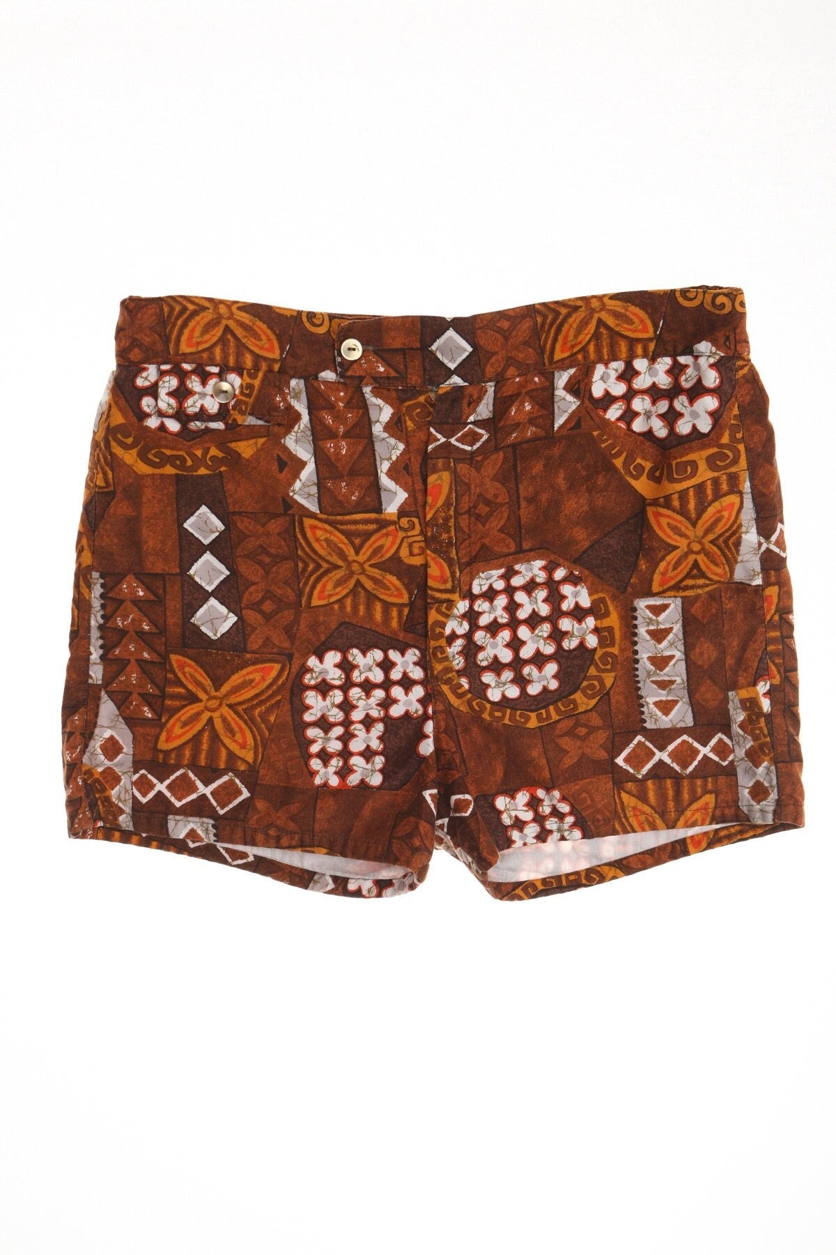 Vintage men hawaiian short surfing 60's 50's print brown swim trunks beach