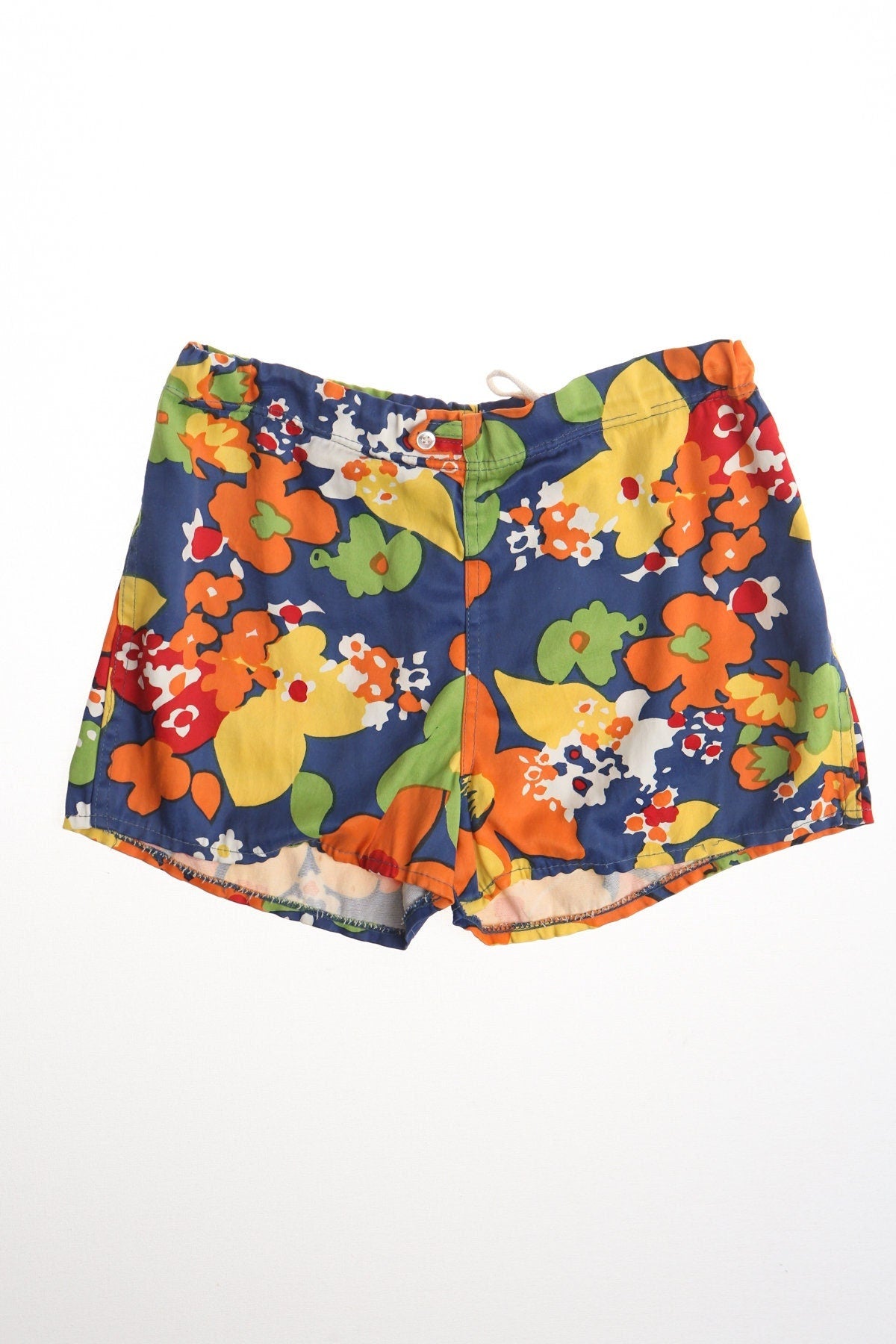 Vintage men shorts swim trunks floral print hawaiian blue campus made in usa 50's 60's