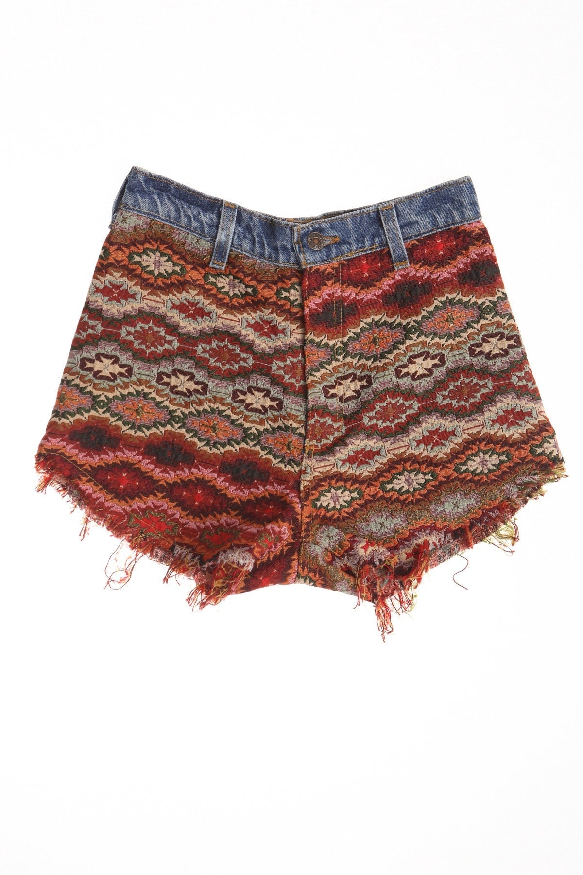 Patchwork vintage fabric denim whort women 70's button tapestry brown red