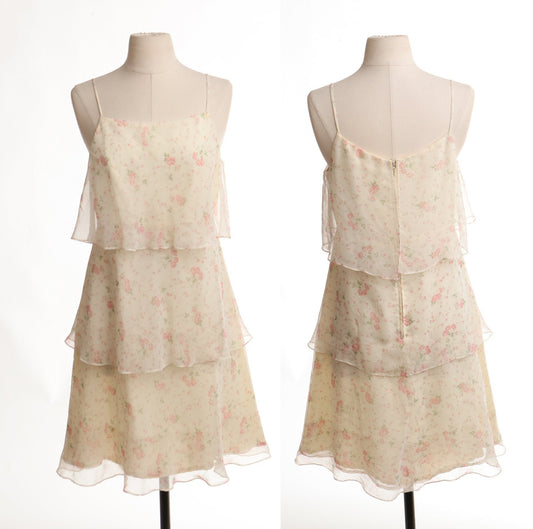 Vintage women floral summer strap print beige 80's 90's dress ruffle