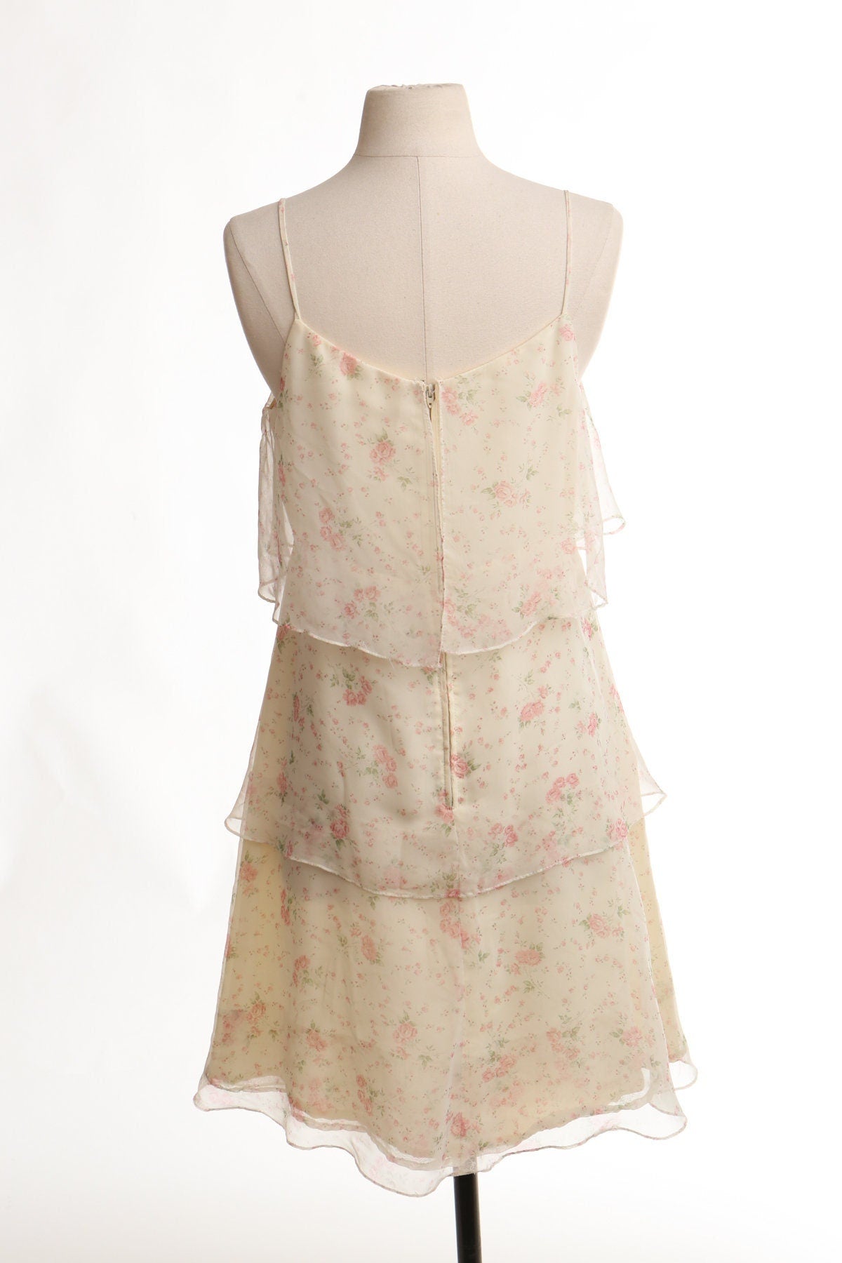 Vintage women floral summer strap print beige 80's 90's dress ruffle
