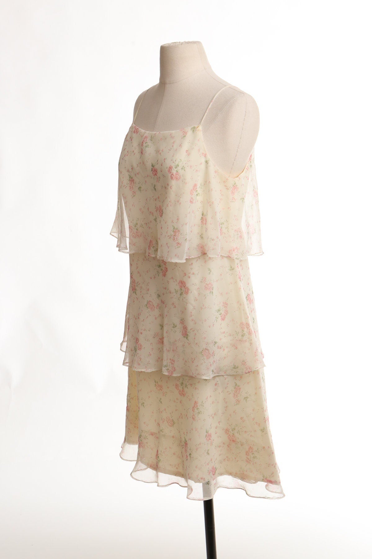 Vintage women floral summer strap print beige 80's 90's dress ruffle