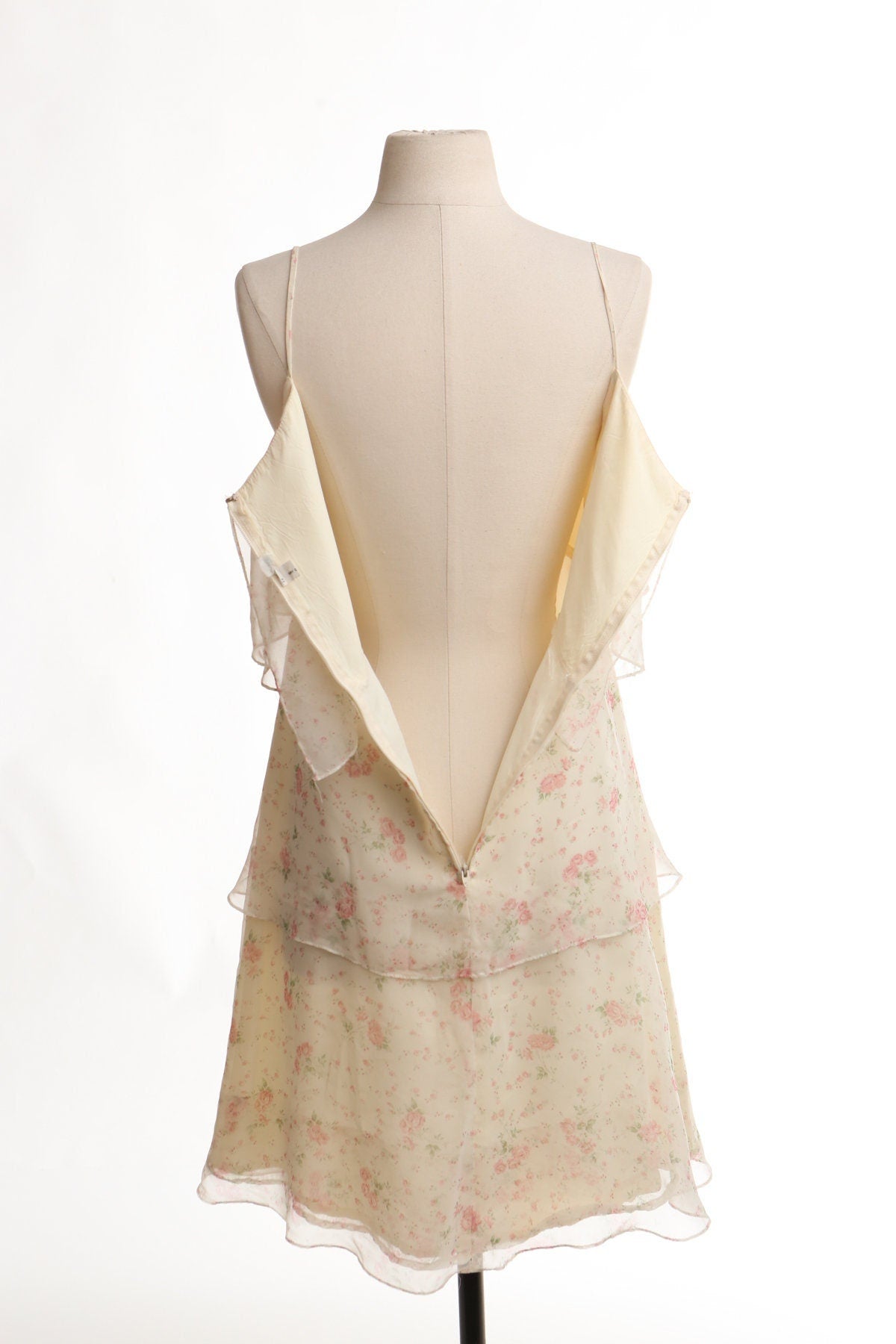 Vintage women floral summer strap print beige 80's 90's dress ruffle