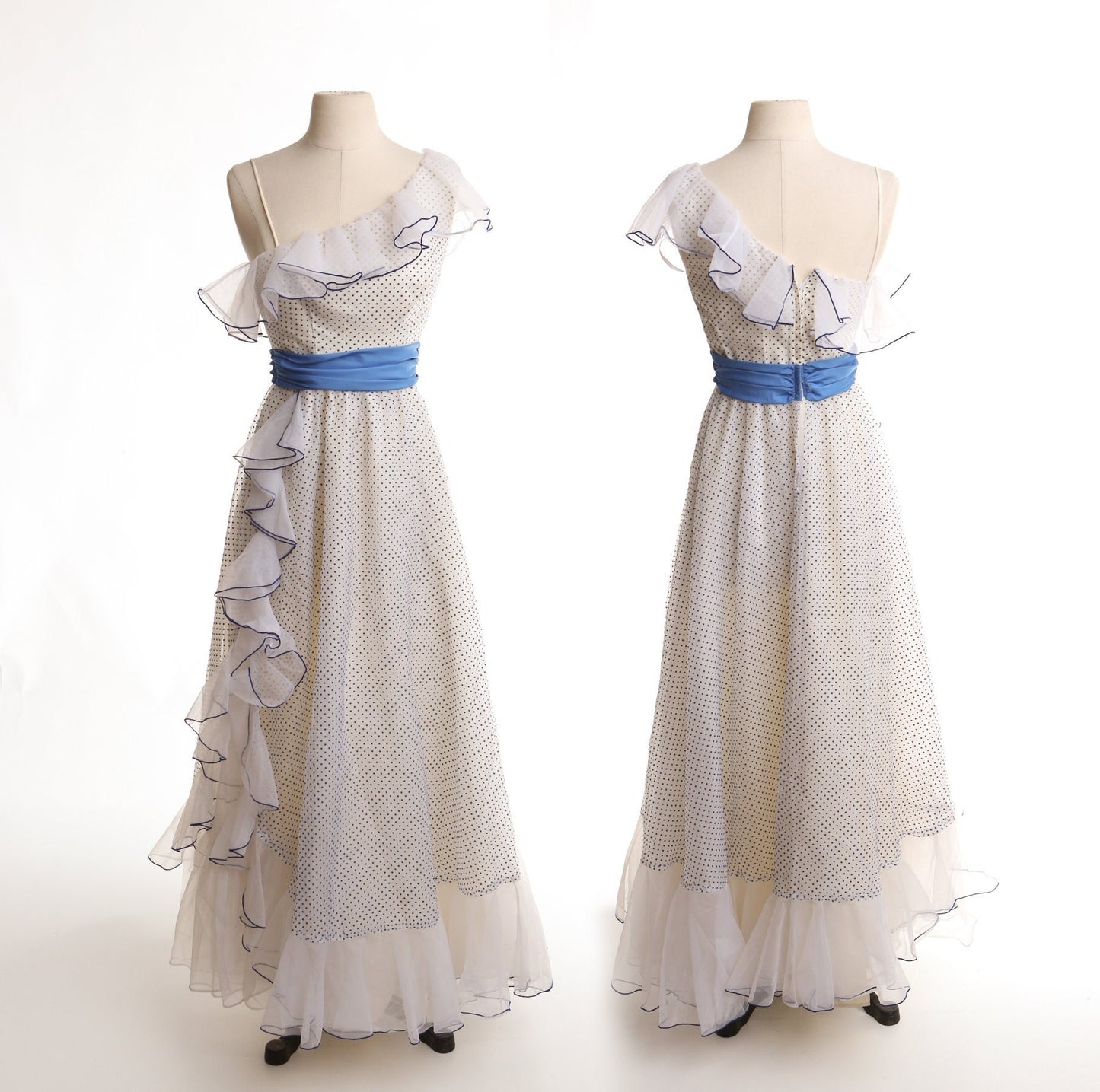 Vintage polka dot white ruffle women dress long flamenco waist off shoulder 70's