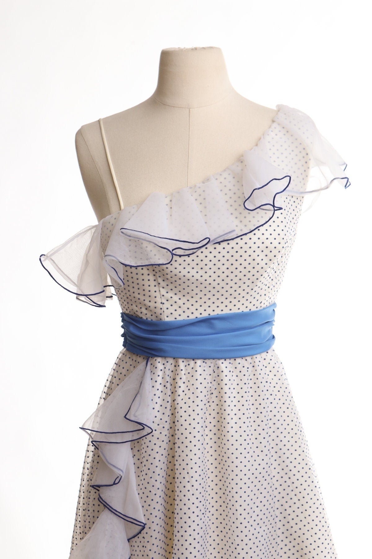 Vintage polka dot white ruffle women dress long flamenco waist off shoulder 70's