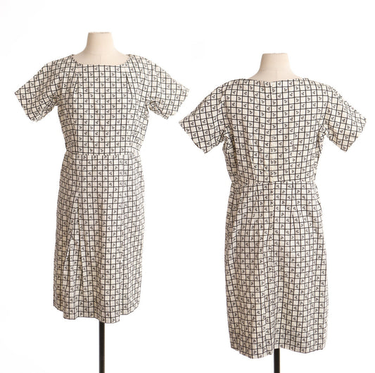 Vintage women 60's cotton white dress plaid 50's summer