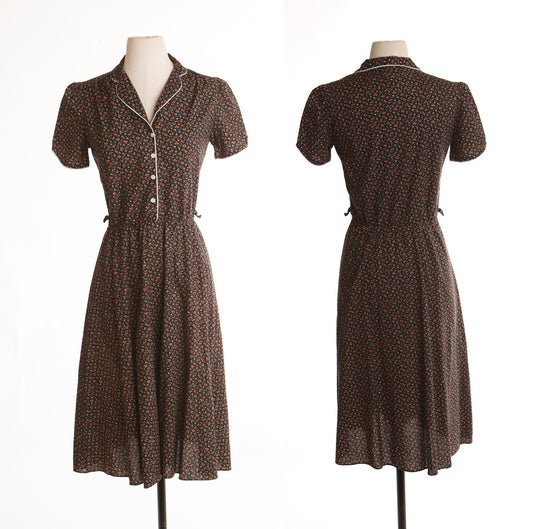 Vintage women 70's black cotton summer dress floral print button