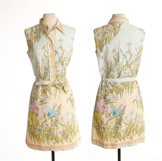 Vintage 70's summer dress floral print biege waist belt button front casual mcmullen