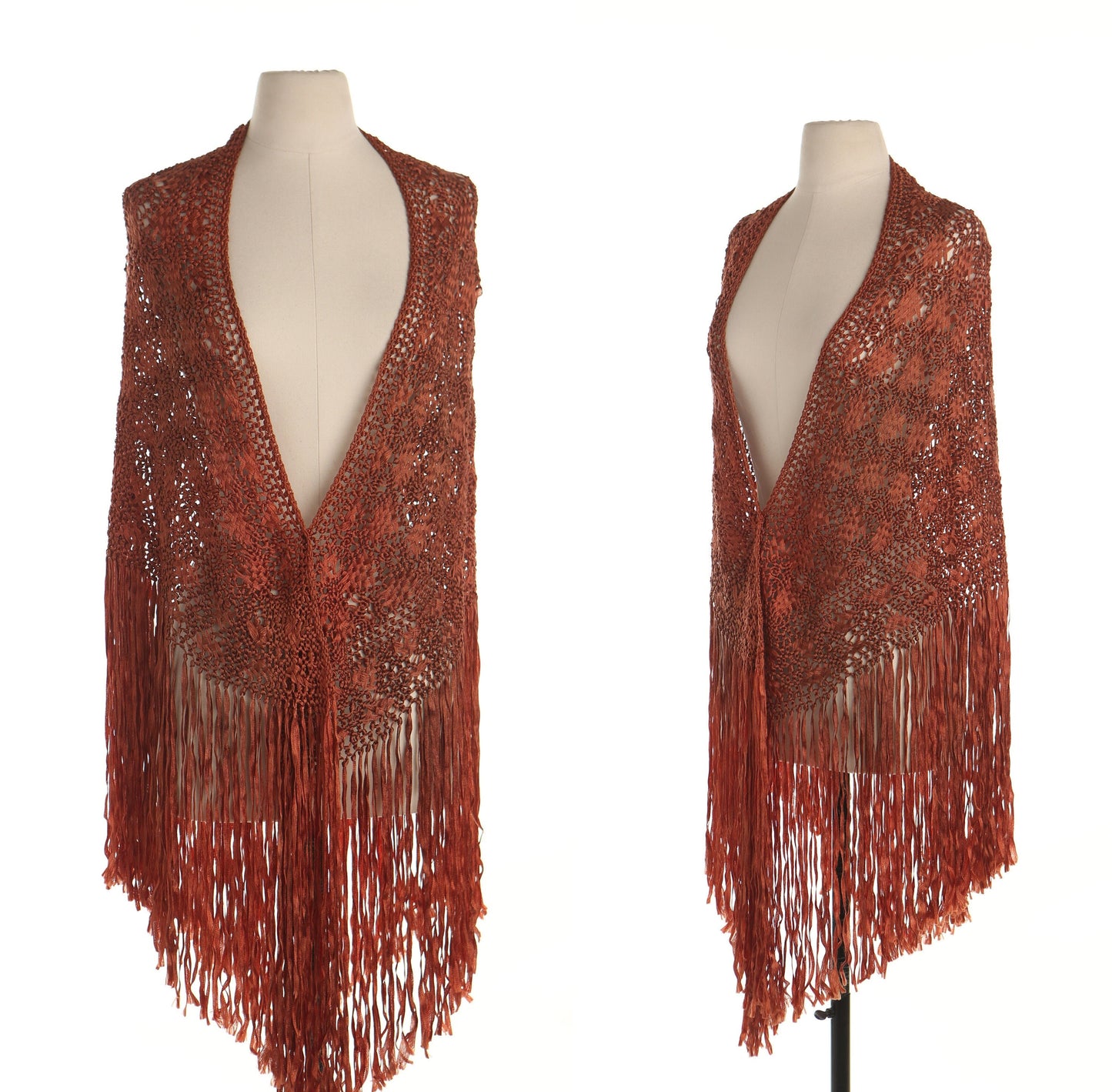 Brown hand knit shawl fringe western boho hippie crochet vintage women 70's