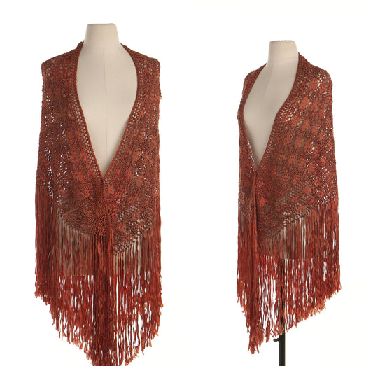 Brown hand knit shawl fringe western boho hippie crochet vintage women 70's