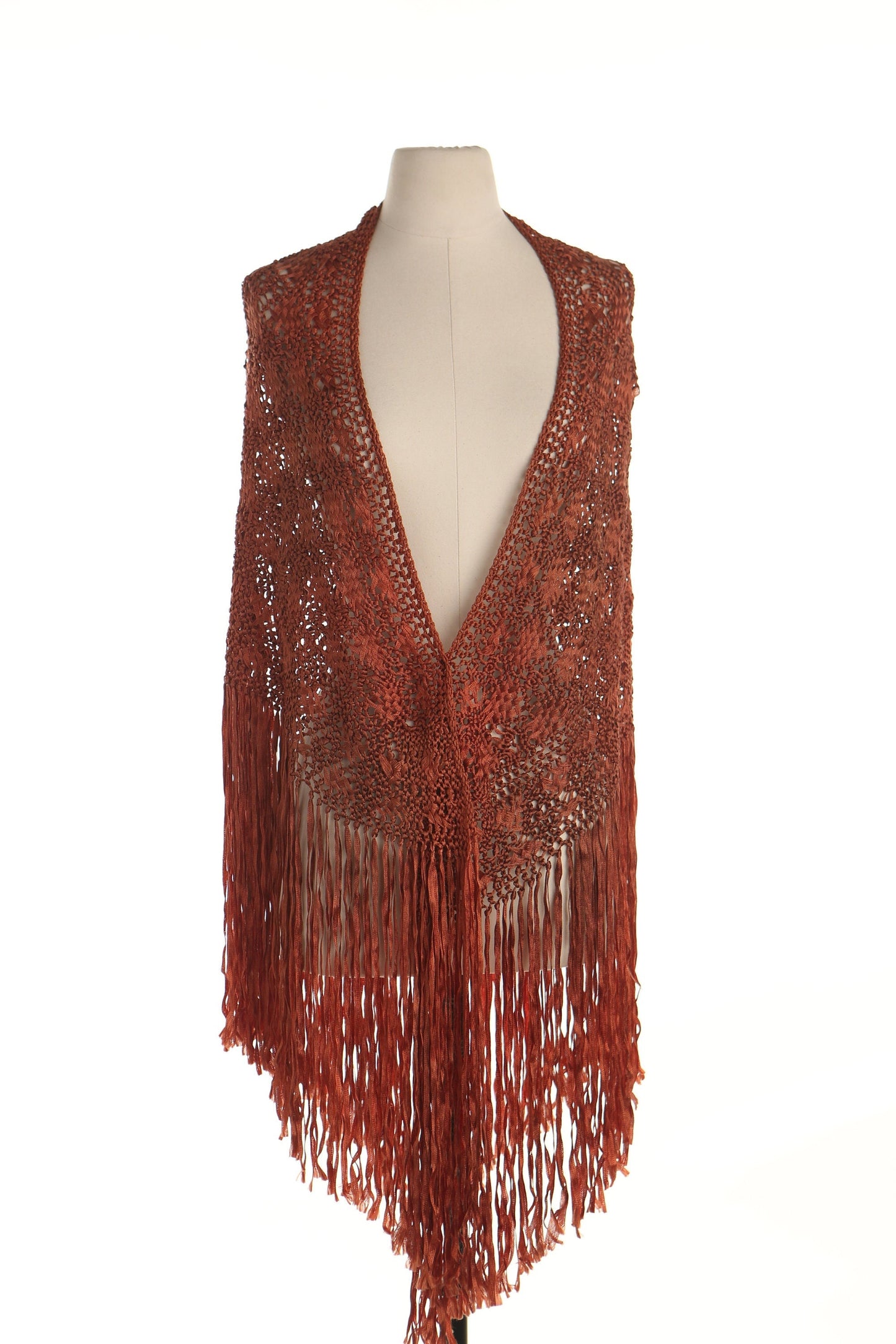 Brown hand knit shawl fringe western boho hippie crochet vintage women 70's