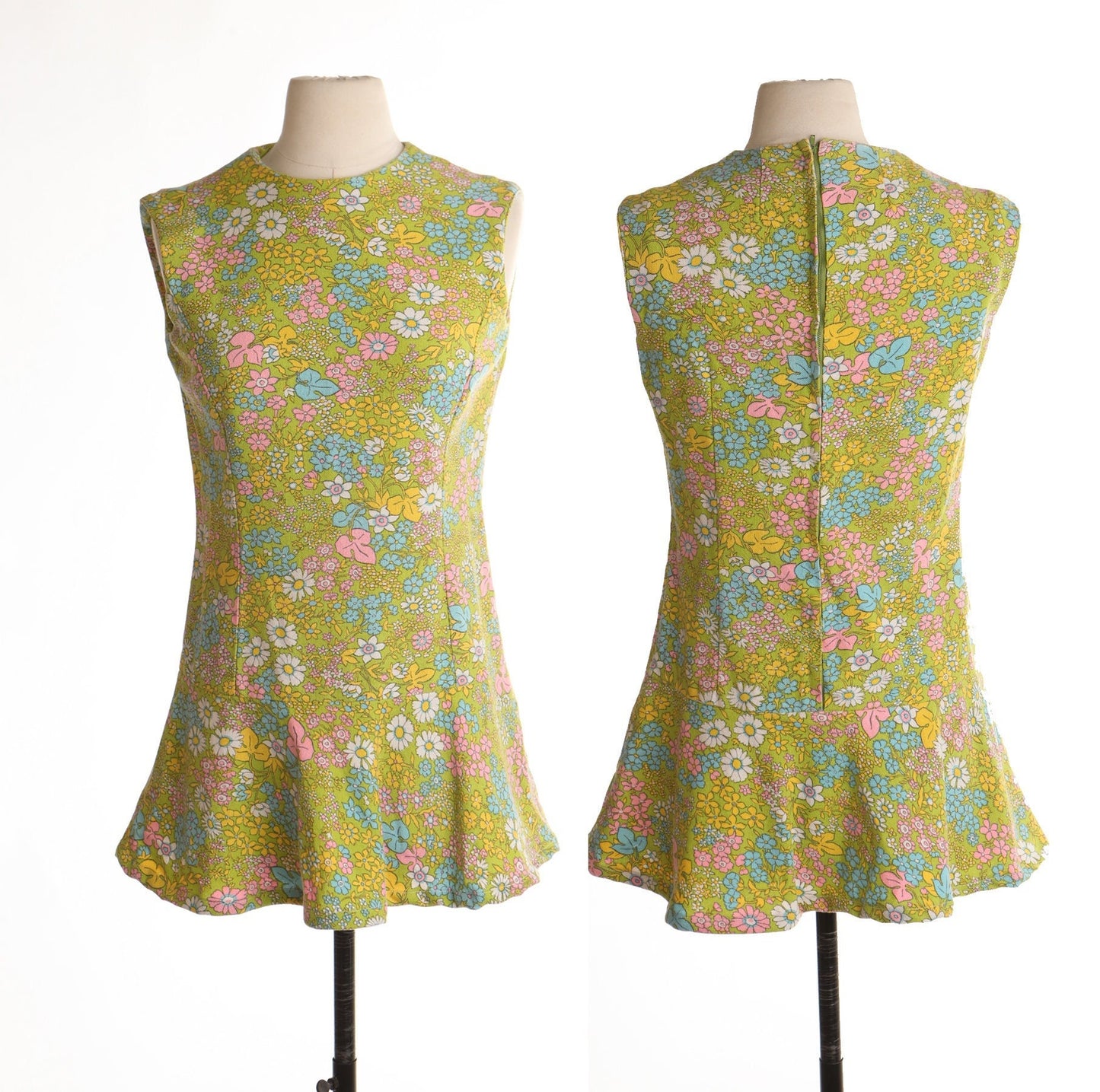 70's dress green floral print hippie mod 60's zipper vintage