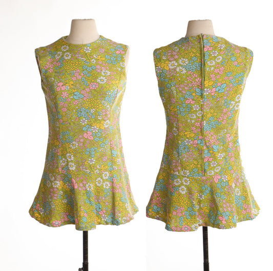 70's dress green floral print hippie mod 60's zipper vintage