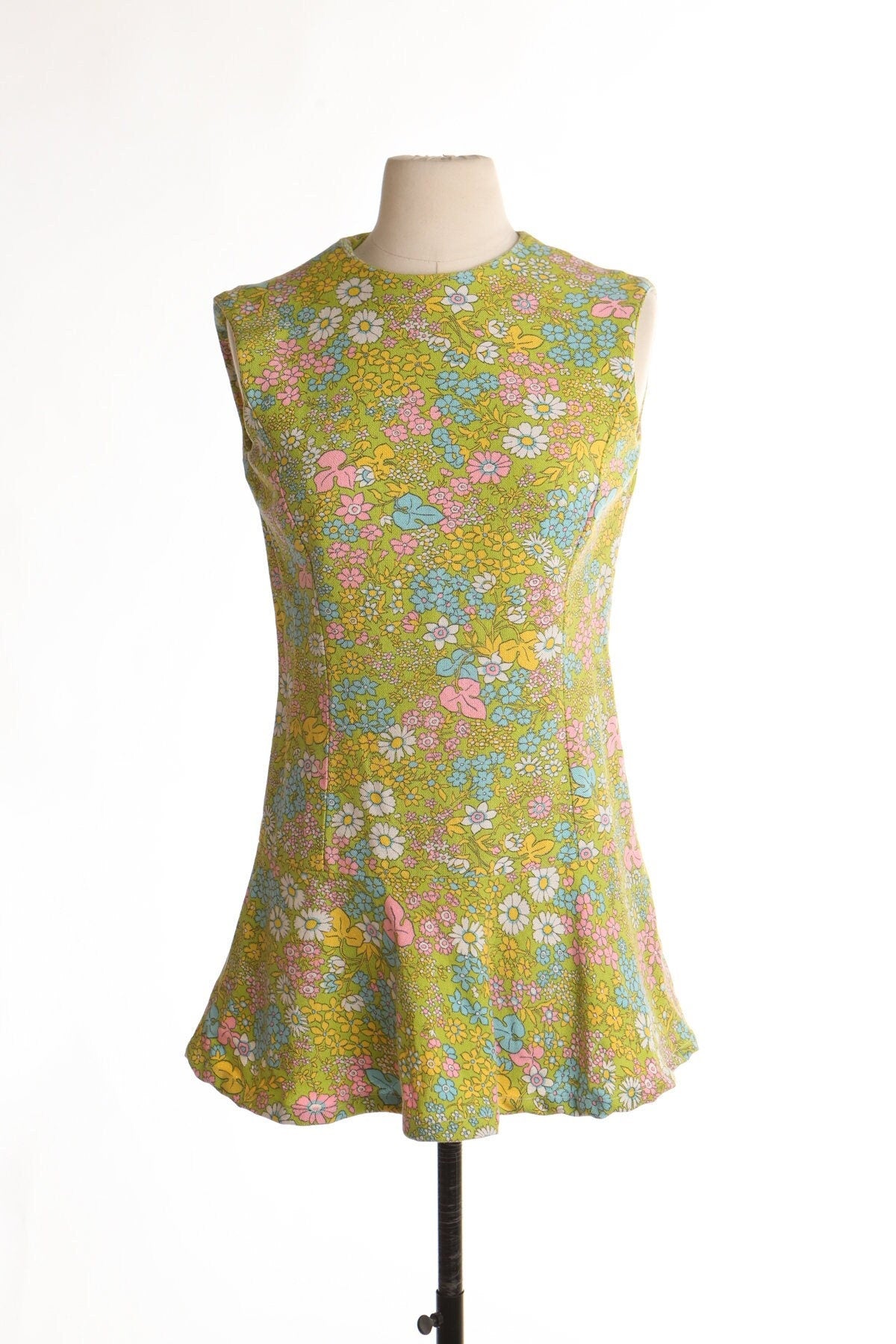 70's dress green floral print hippie mod 60's zipper vintage