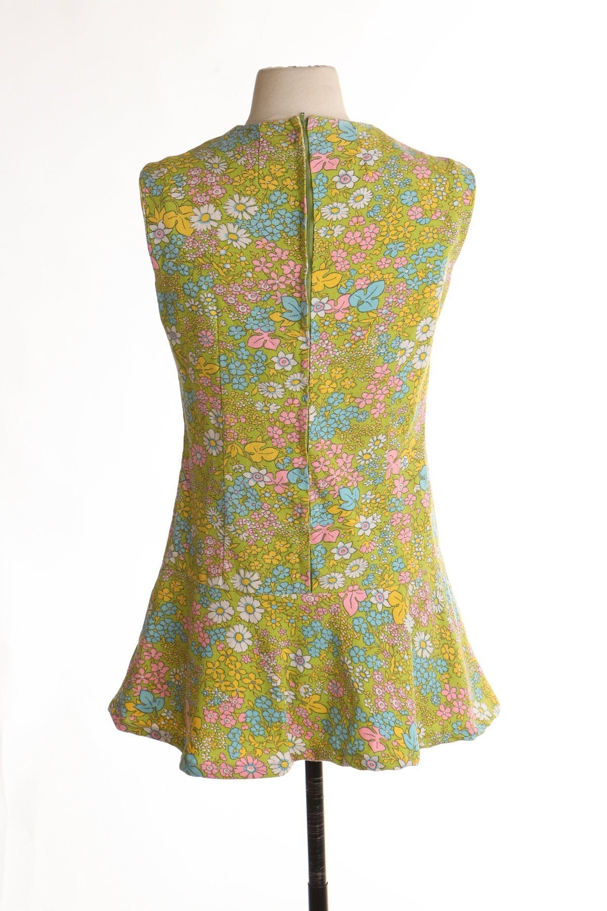 70's dress green floral print hippie mod 60's zipper vintage