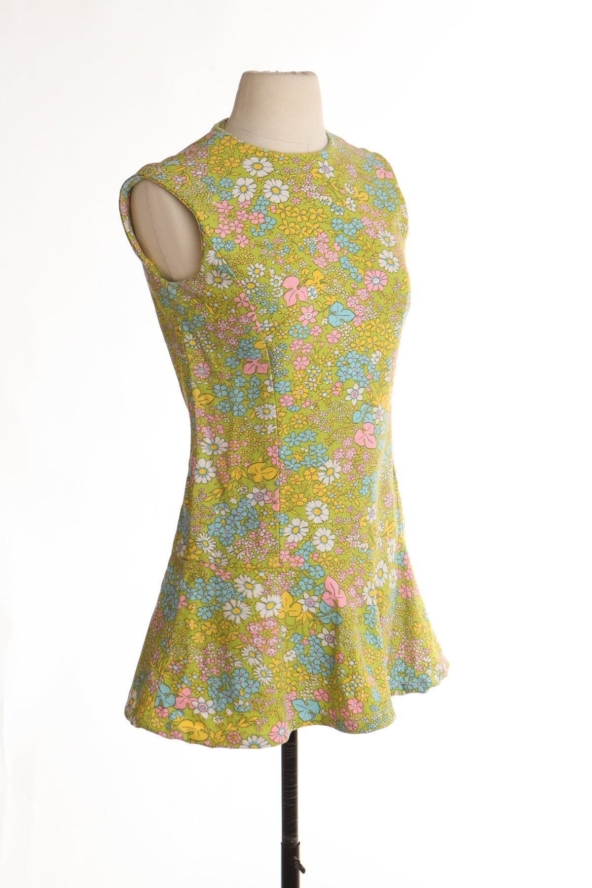 70's dress green floral print hippie mod 60's zipper vintage